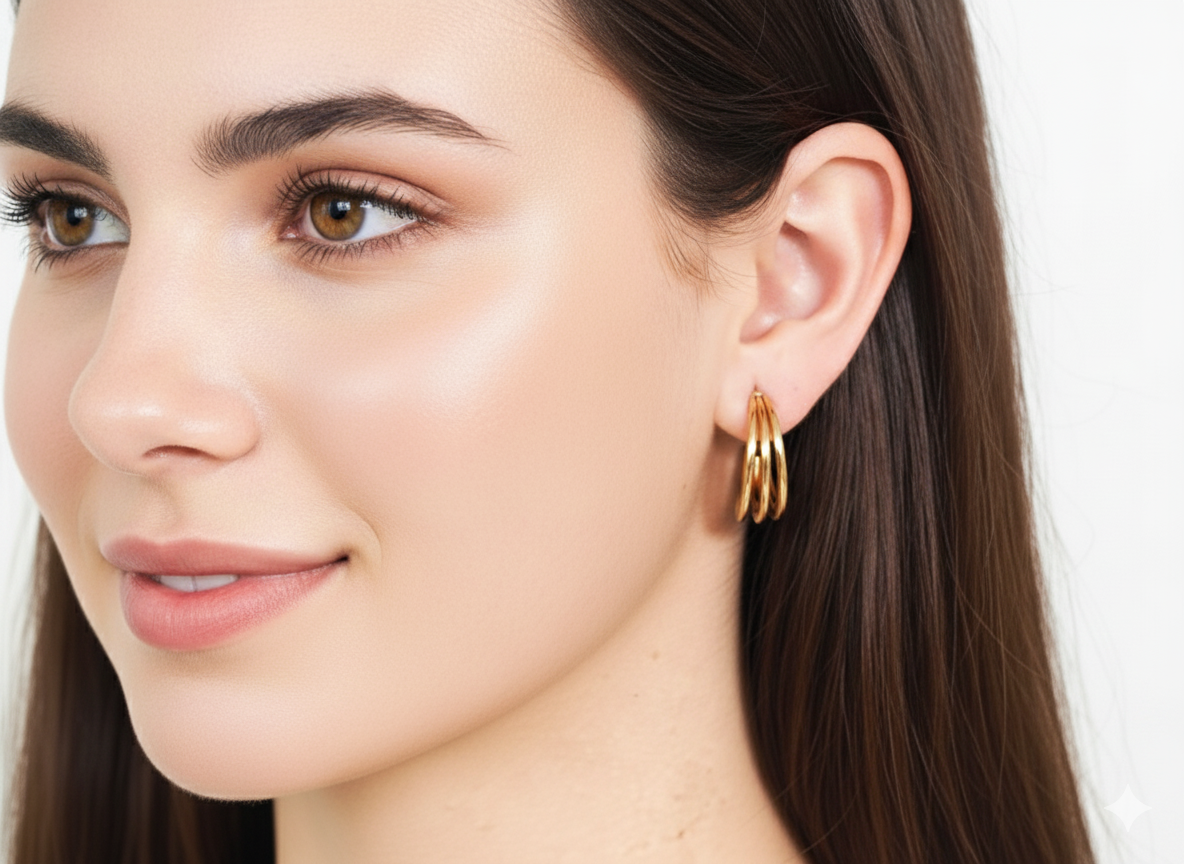 Medium Hoop Earrings with Triple Rings | Gold Plated 18k