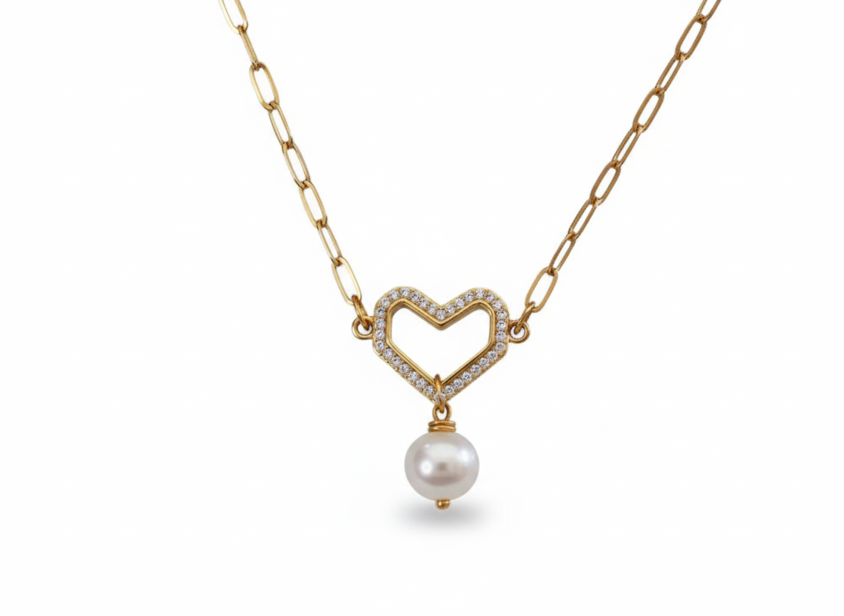 Heart Necklace with Zircons & Freshwater Pearl 18k Gold Plated
