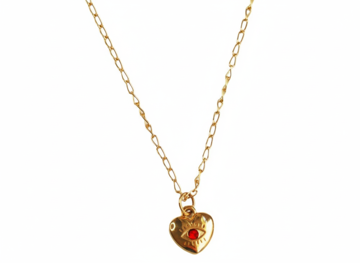 Mini Heart Evil Eye Necklace – Red Zircon, 18K Gold Plated