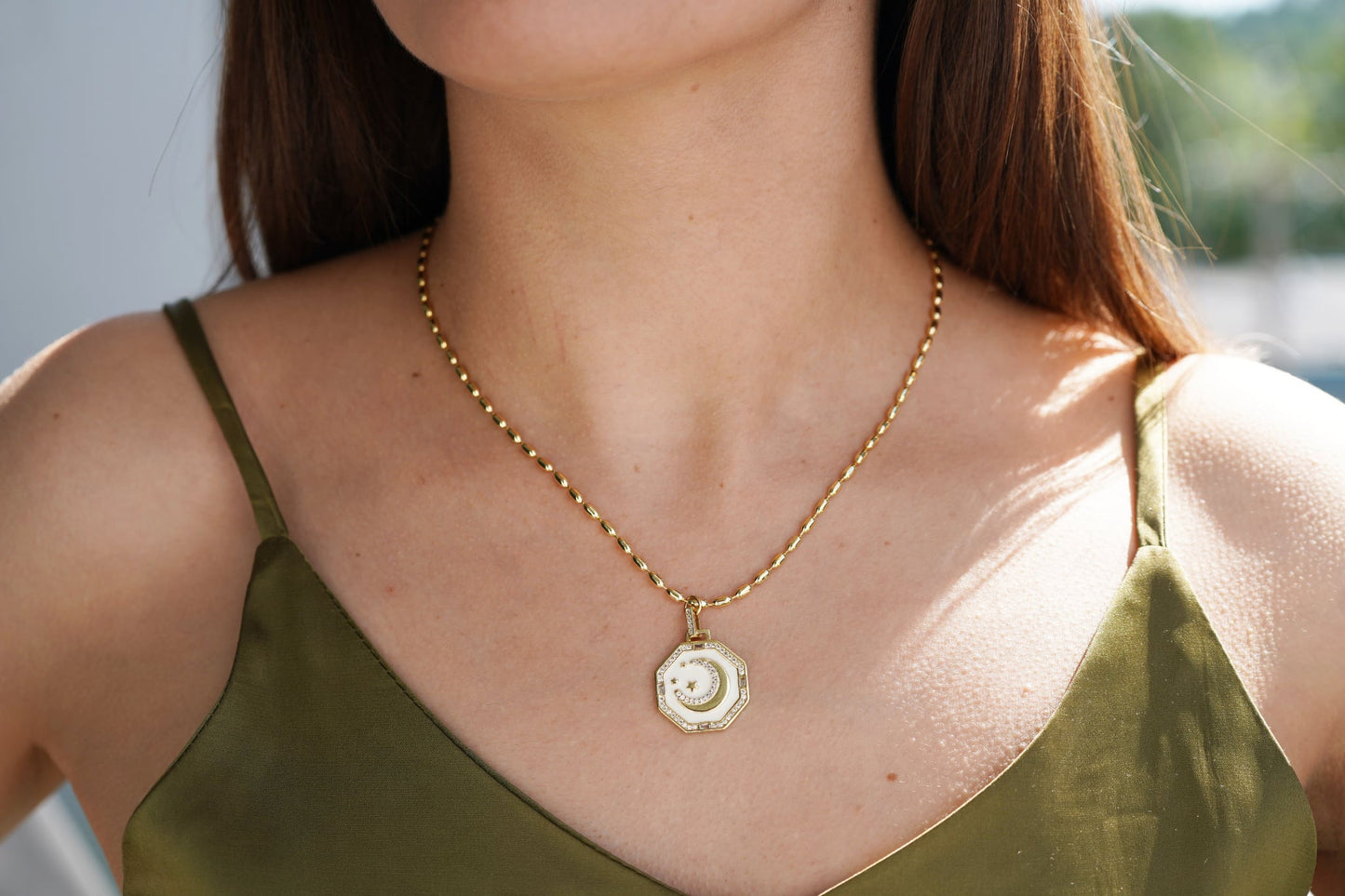 White Moon Necklace with Star & Zircons 18k Gold Plated