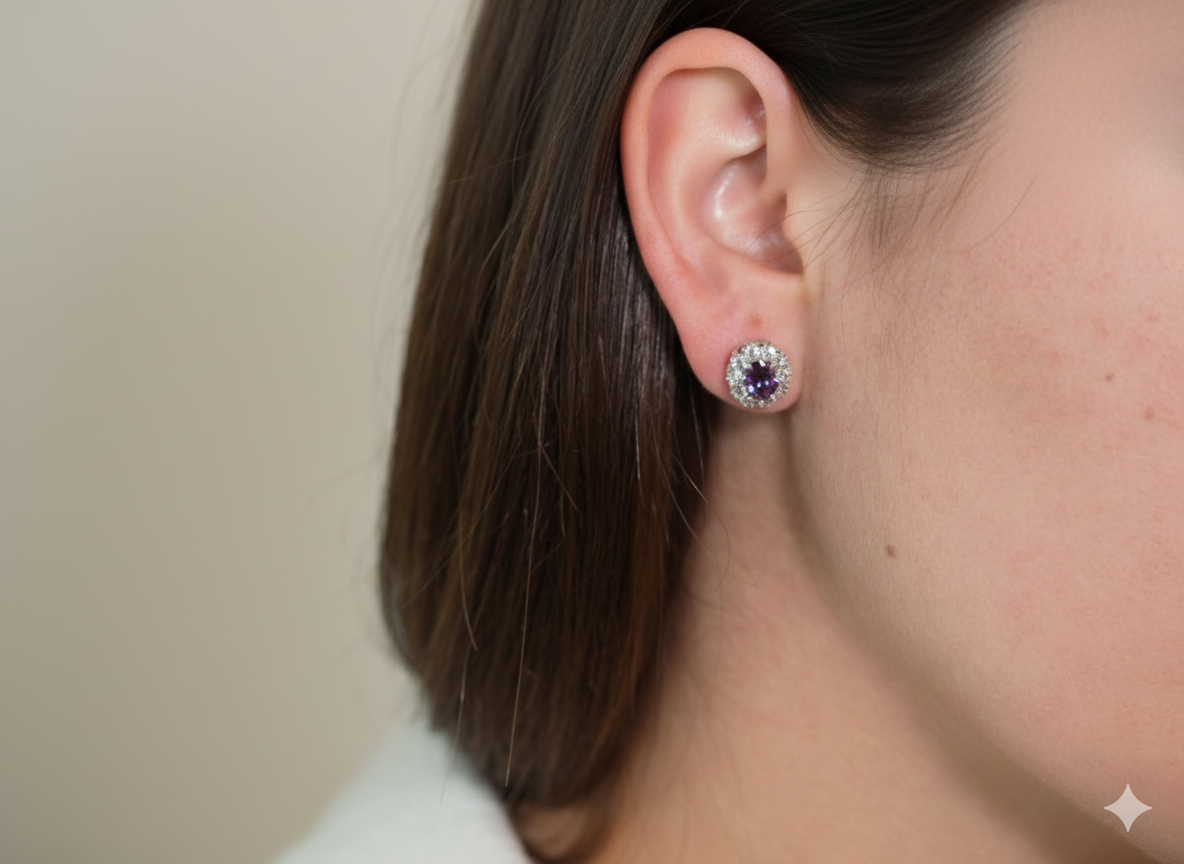 Oval Magenta Zirconia Earrings with White Zircons - Sterling Silver 925