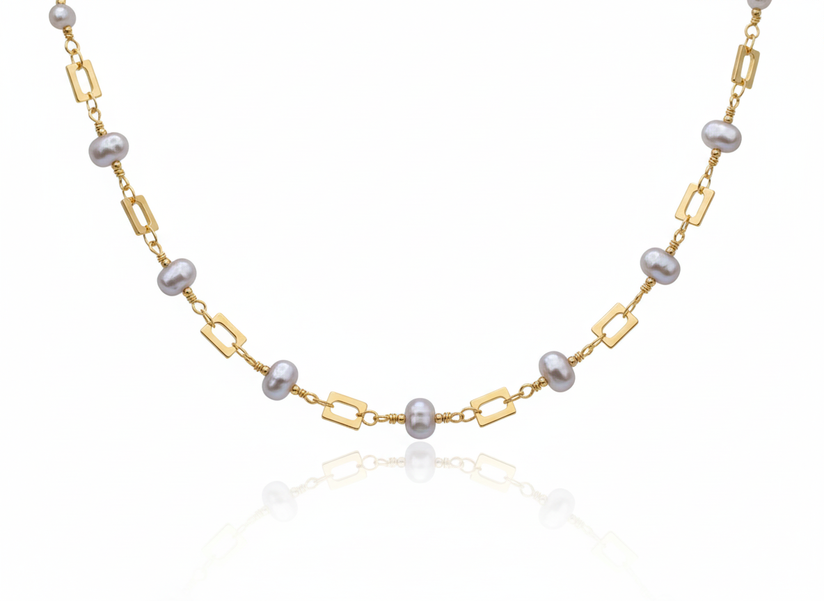 18K Gold-Plated Pearls & Squares Necklace