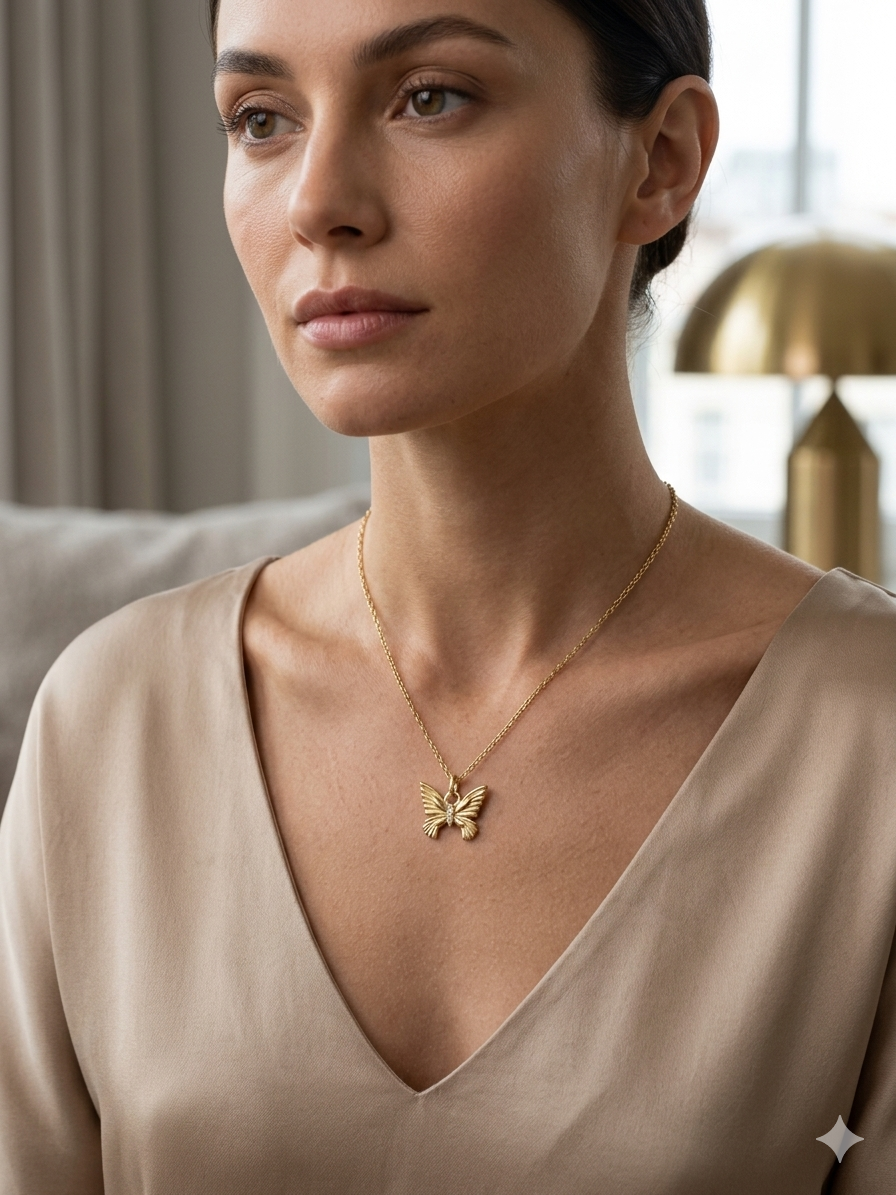 Big Butterfly Pendant Necklace with Zirconia -Gold plated 18k