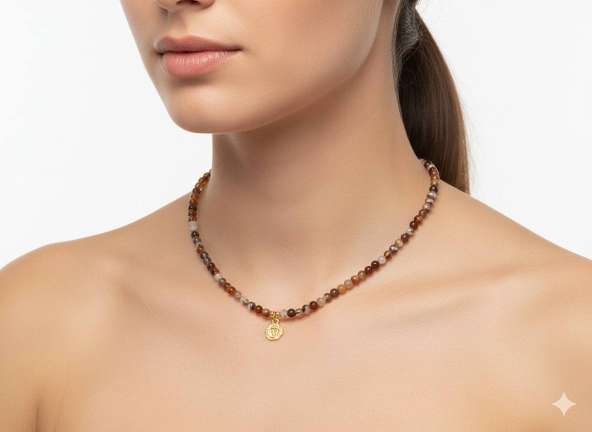 Agatha Earth Stone Necklace with Rose Pendant 18k Gold Plated