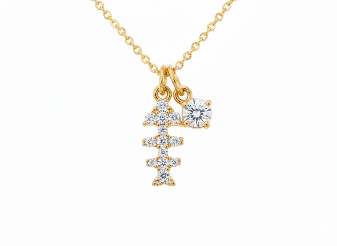 Skeleton Fish with zirconia Necklace -Gold Plated 18k