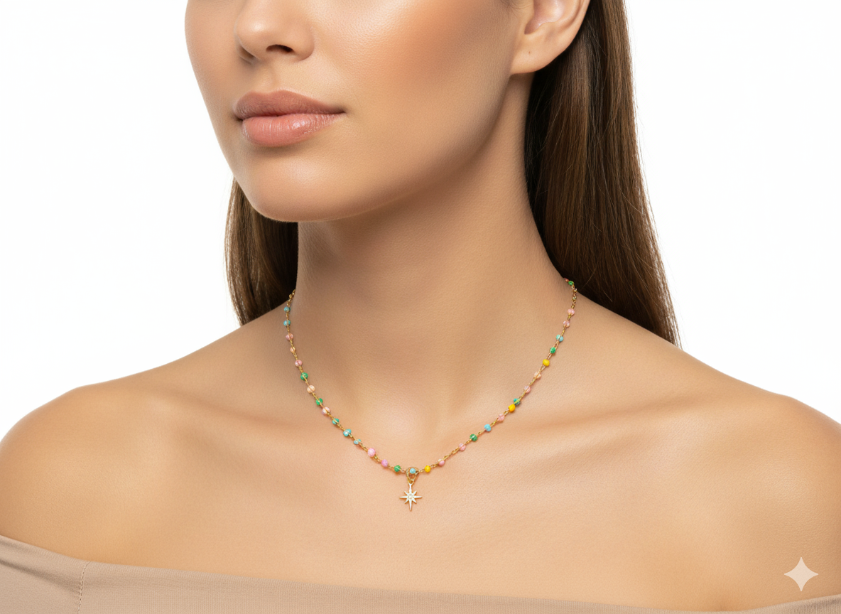 Necklace with Soft Colors & Mini Star Pendant with Zircons – 18k Gold Plated