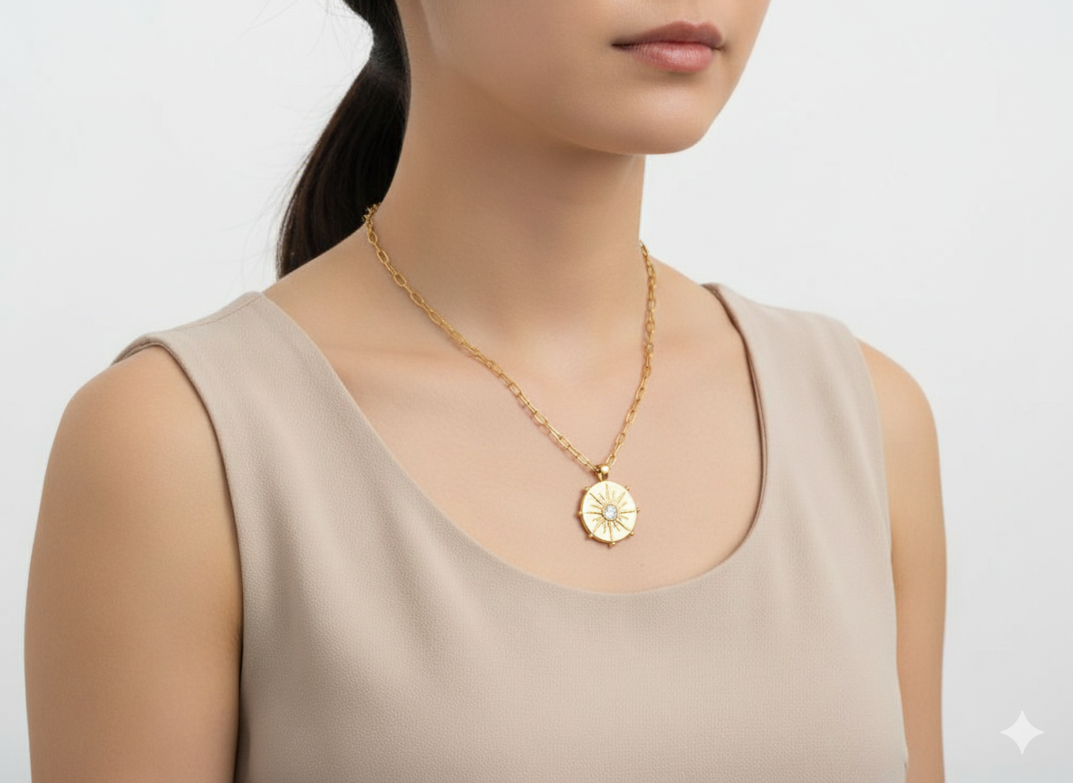 Gold Plated 18k Round Sun Pendant Necklace with Zircon