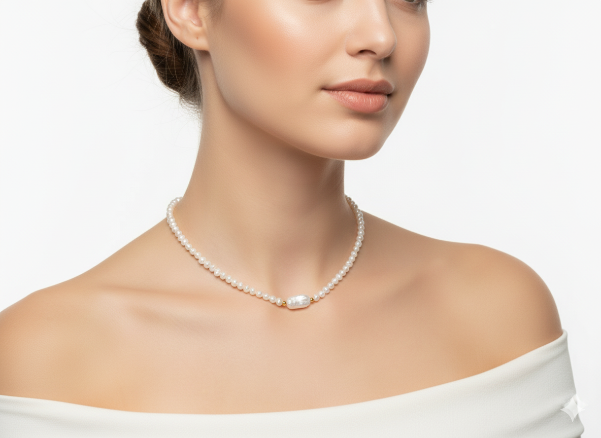 Freshwater Pearl Necklace with Mother of Pearl Center – 18K Gold Plated