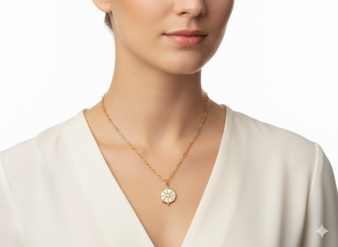 Octagonal Necklace – 18k Gold Plated Chain with Agate Stones