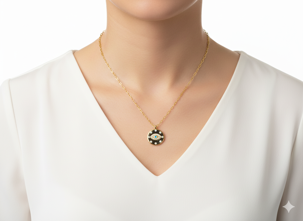 Blue Evil Eye Circle Pendant Necklace – 18K Gold Plated