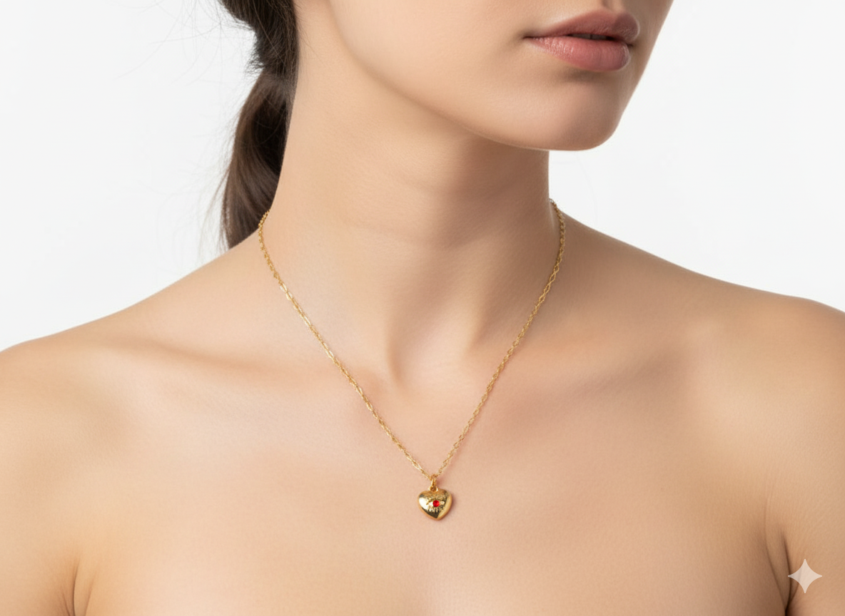 Mini Heart Evil Eye Necklace – Red Zircon, 18K Gold Plated