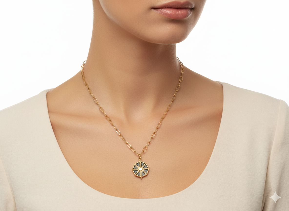 Octagonal Necklace – 18k Gold Plated Chain with Agate Stones
