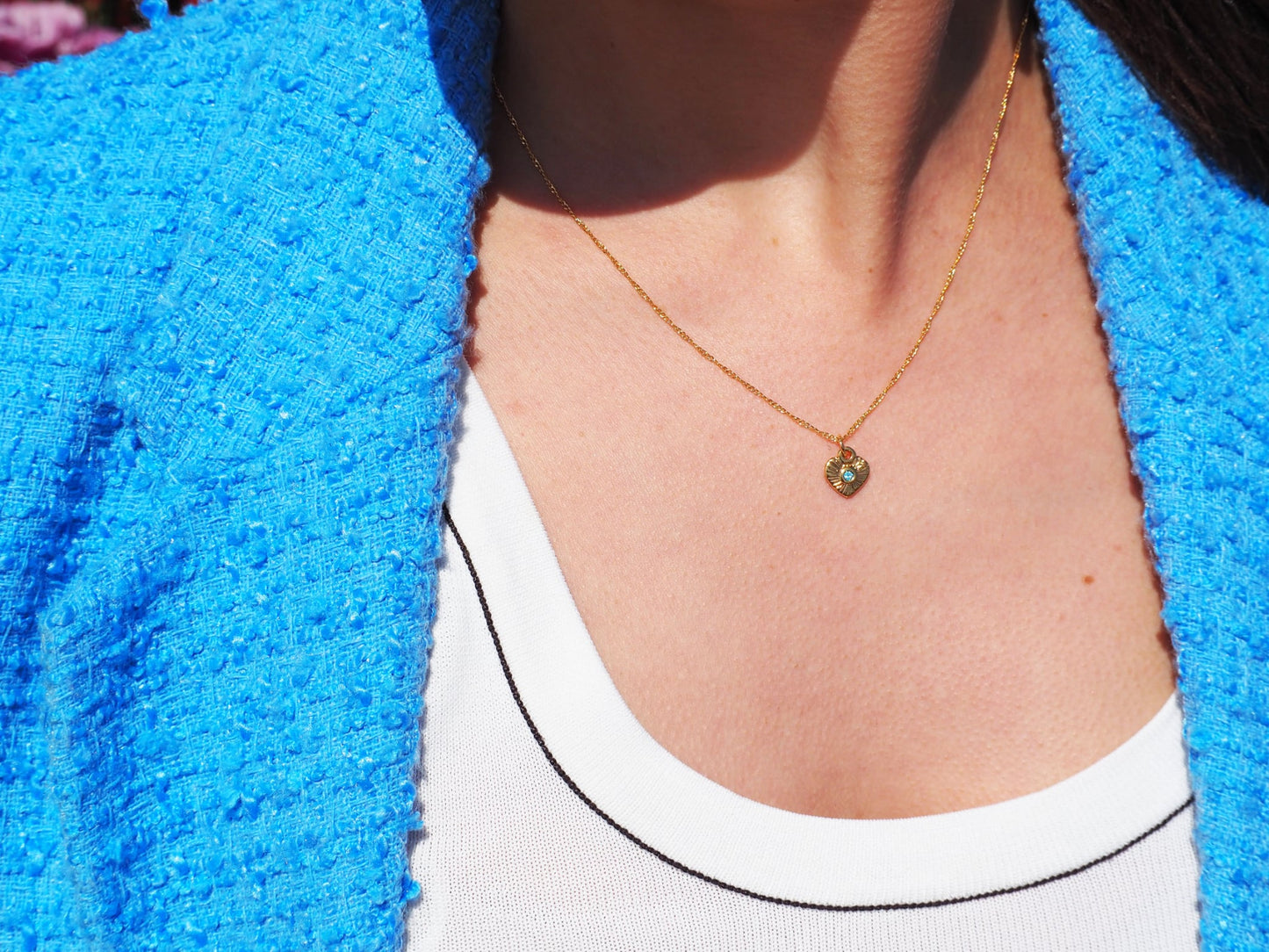 Necklace Gold Heart Pendant with Blue Zircon | 22k Gold Plated