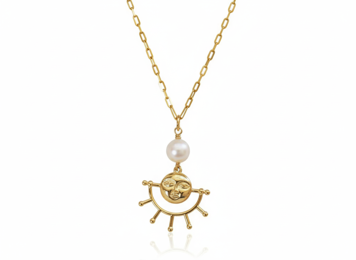 Face Pendant Necklace with Zircons | 18K Gold Plated