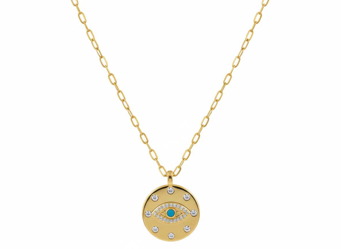 Blue Evil Eye Circle Pendant Necklace – 18K Gold Plated