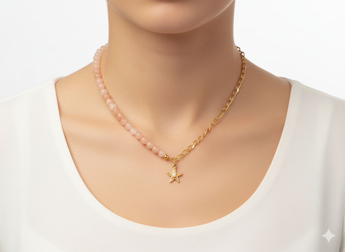 Pink Agate & Chain Necklace with Starfish Pendant – 18K Gold Plated
