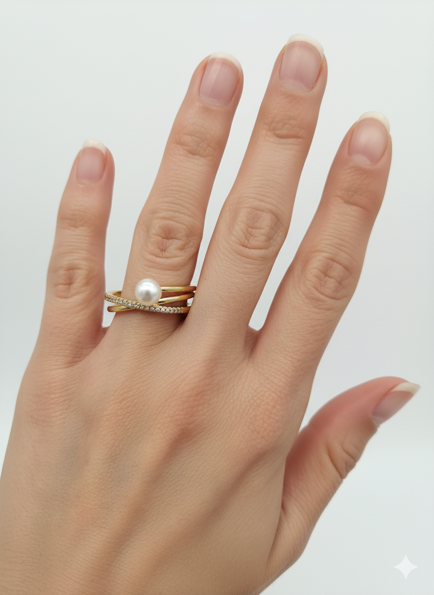 Big Pearl & Zircon Ring – 18K Gold-Plated Adjustable