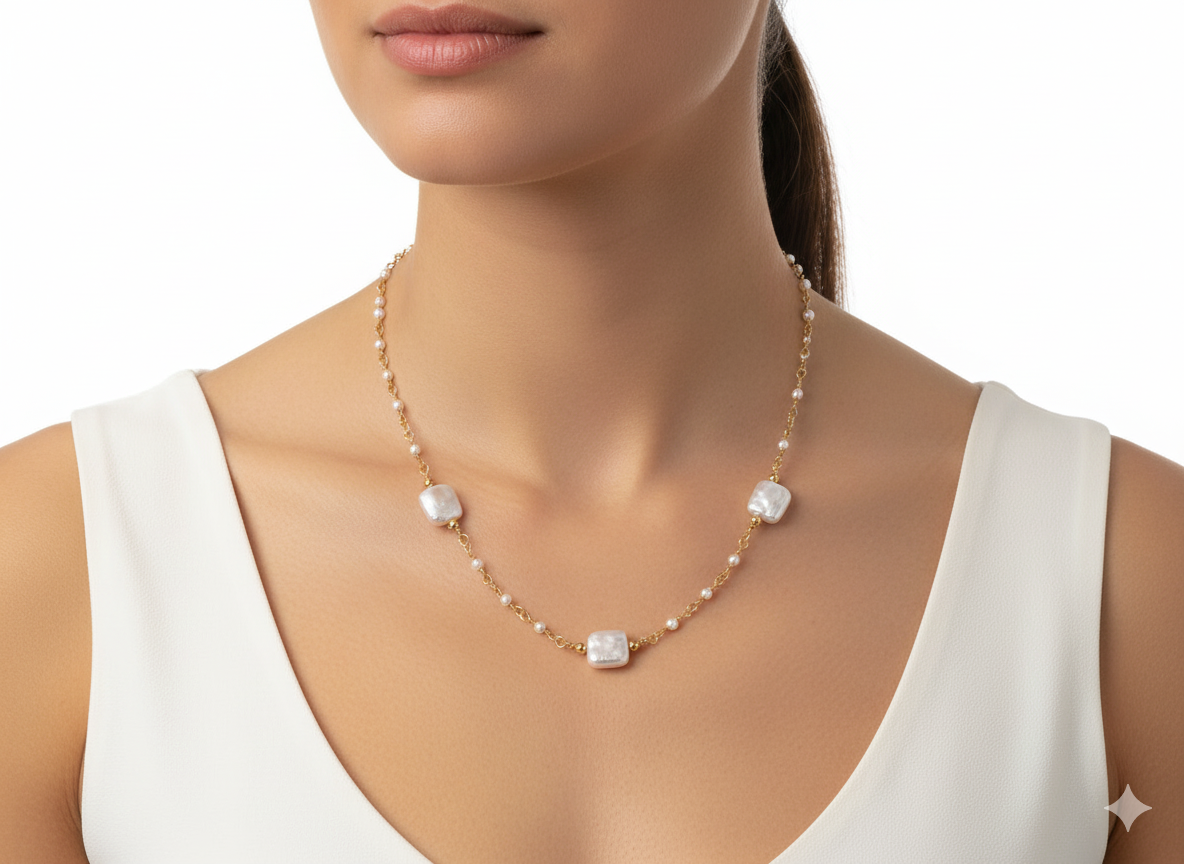 Necklace white square pearl-18K Gold plated