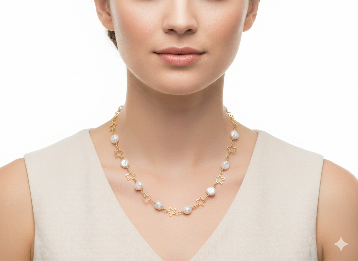 Pearl and Star shape Necklace 18K Gold