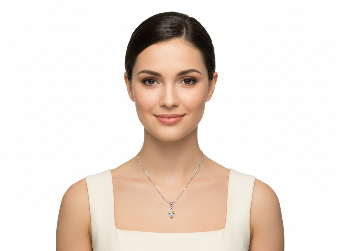 Drop Pendant Necklace in Sterling Silver 925 with Multicolor Zirconia