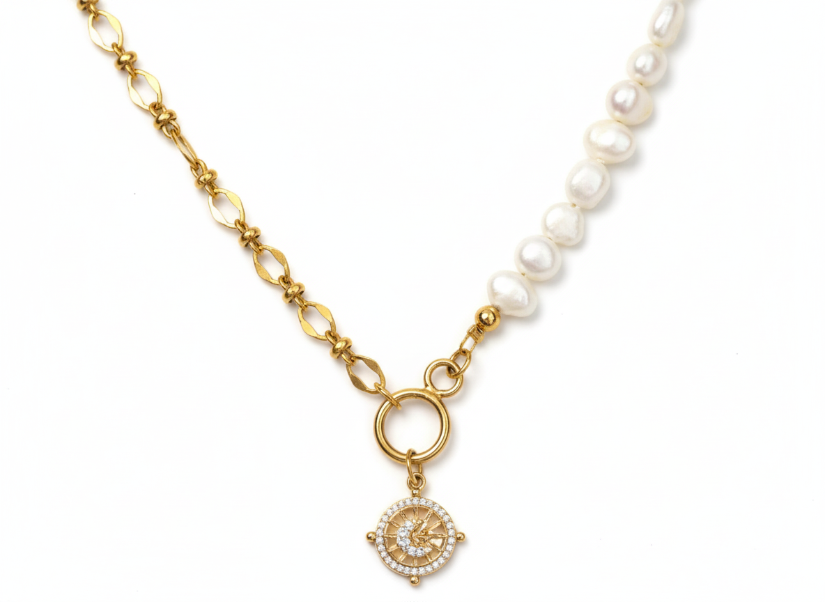 18K Gold-Plated Necklace with Freshwater Pearls & 'Noon' Circle Pendant