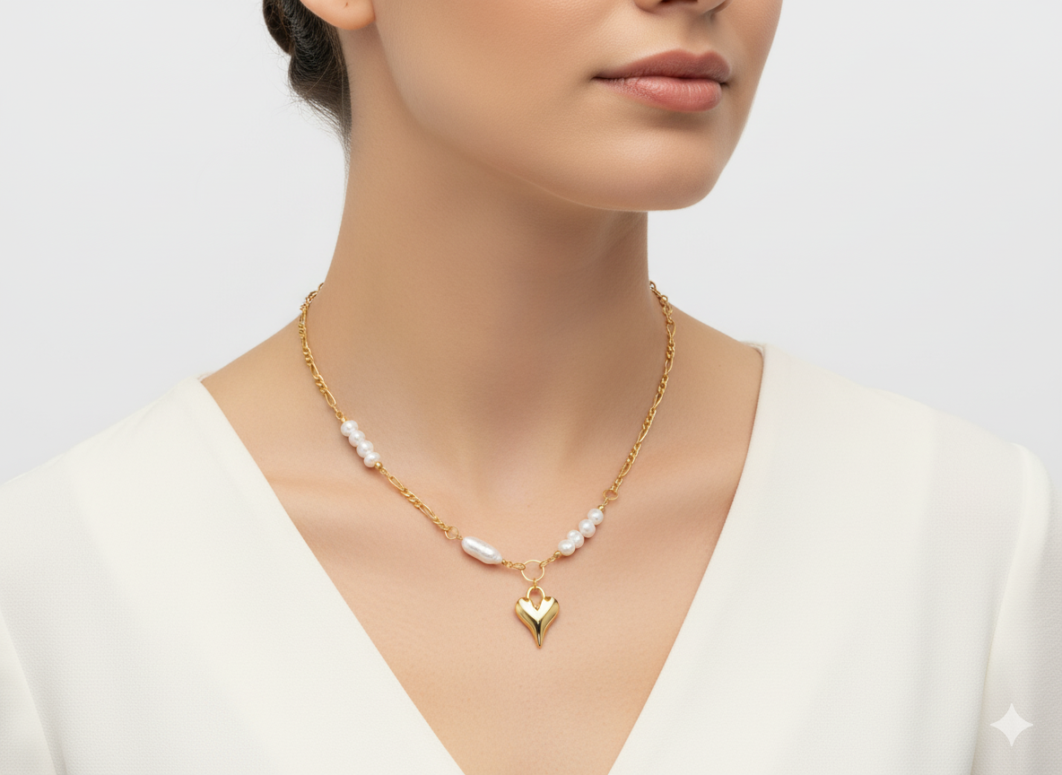 Heart Pendant Necklace with Water Fresh Pearls