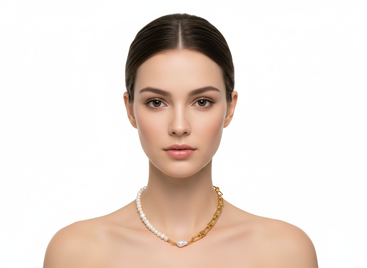 Half Chain Necklace with Water Fresh Pearl Gold Plated 18k