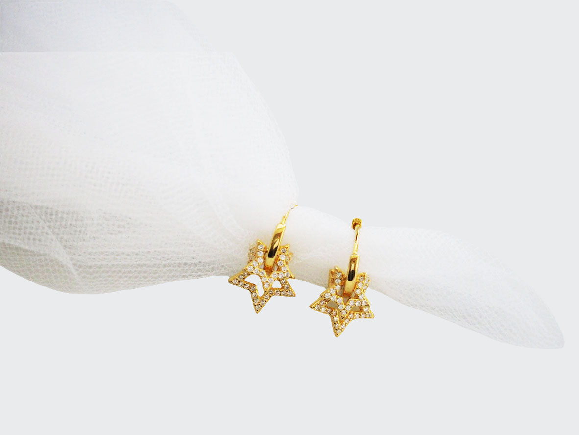 Double Star Sterling Silver Earrings – Gold Plated with Zircons