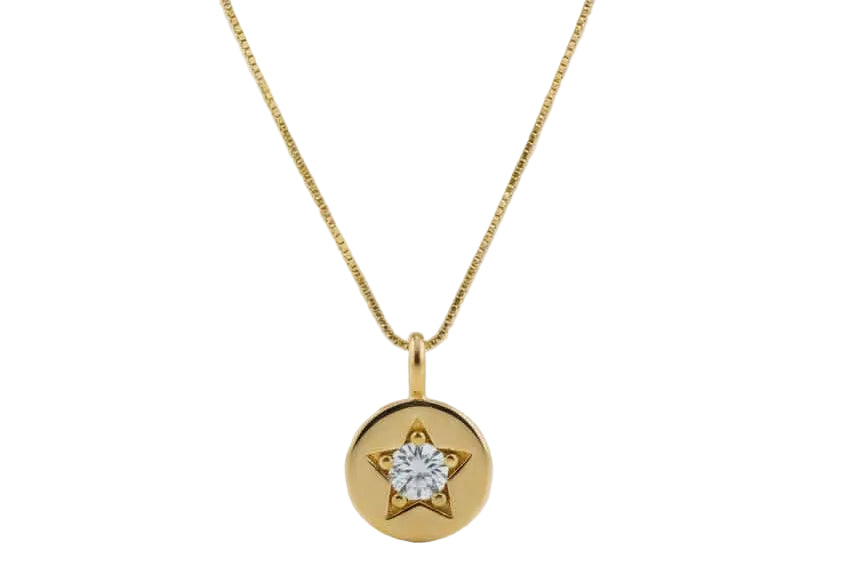 Necklace Coin Star Pendant with Zircons - Gold Plated 18K