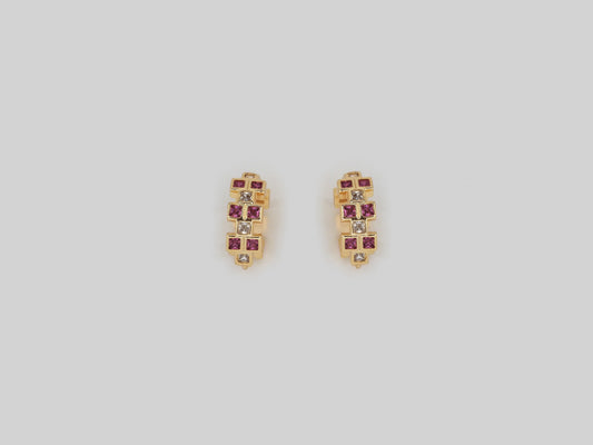 Huggie earrings made in Gold Plated 18k with zircons in different color combinations. Gold plated earrings by Xatli. Gold plated earrings Canada. Earrings with zircons.  Huggie with zircons.  Affordable jewelry for every occasion. White/Pink zircons