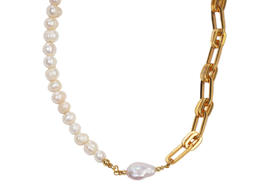 Half Chain Necklace with Water Fresh Pearl Gold Plated 18k