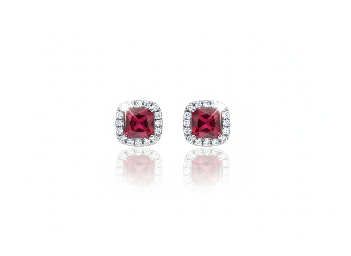 Square Magenta Zirconia Earrings, Sterling Silver 925