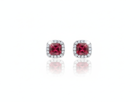 Square Magenta Zirconia Earrings, Sterling Silver 925