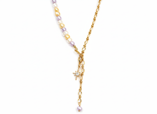 Half Pearl & Chain Necklace – Multi Purple Freshwater Pearls with Star Pendant- 18K Gold Plated