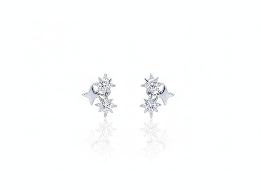 Elegant Triple Star Earrings - Sterling Silver 925 with White Zircons