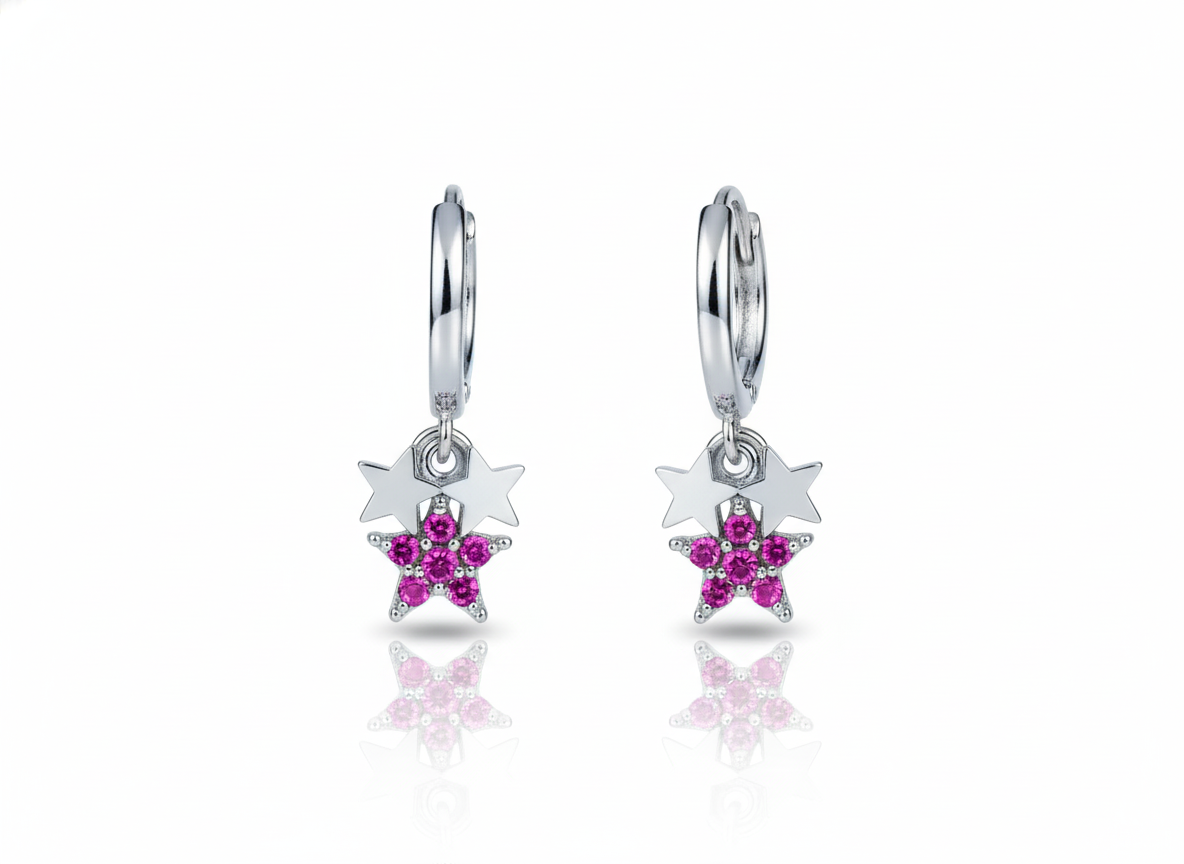 Huggies Pink Star Earrings with Zircons - Sterling Silver 925