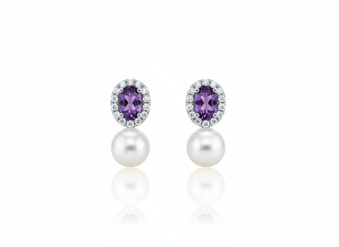 Elegant Purple Zircons and Pearls Earrings – Sterling Silver 925