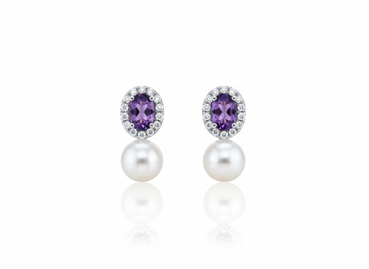 Elegant Purple Zircons and Pearls Earrings – Sterling Silver 925