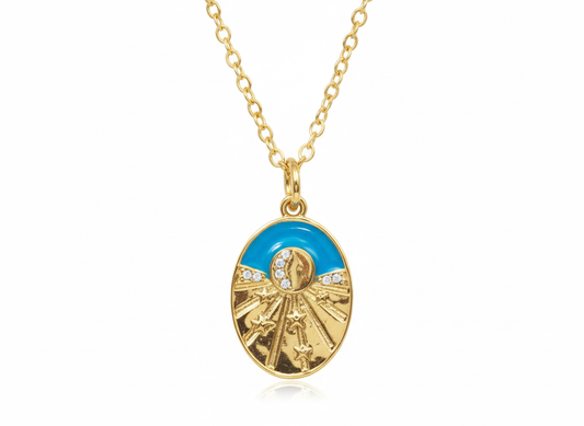 Blue Moon & Stars Pendant Necklace – Adjustable 17.5”-18K Gold-Plated