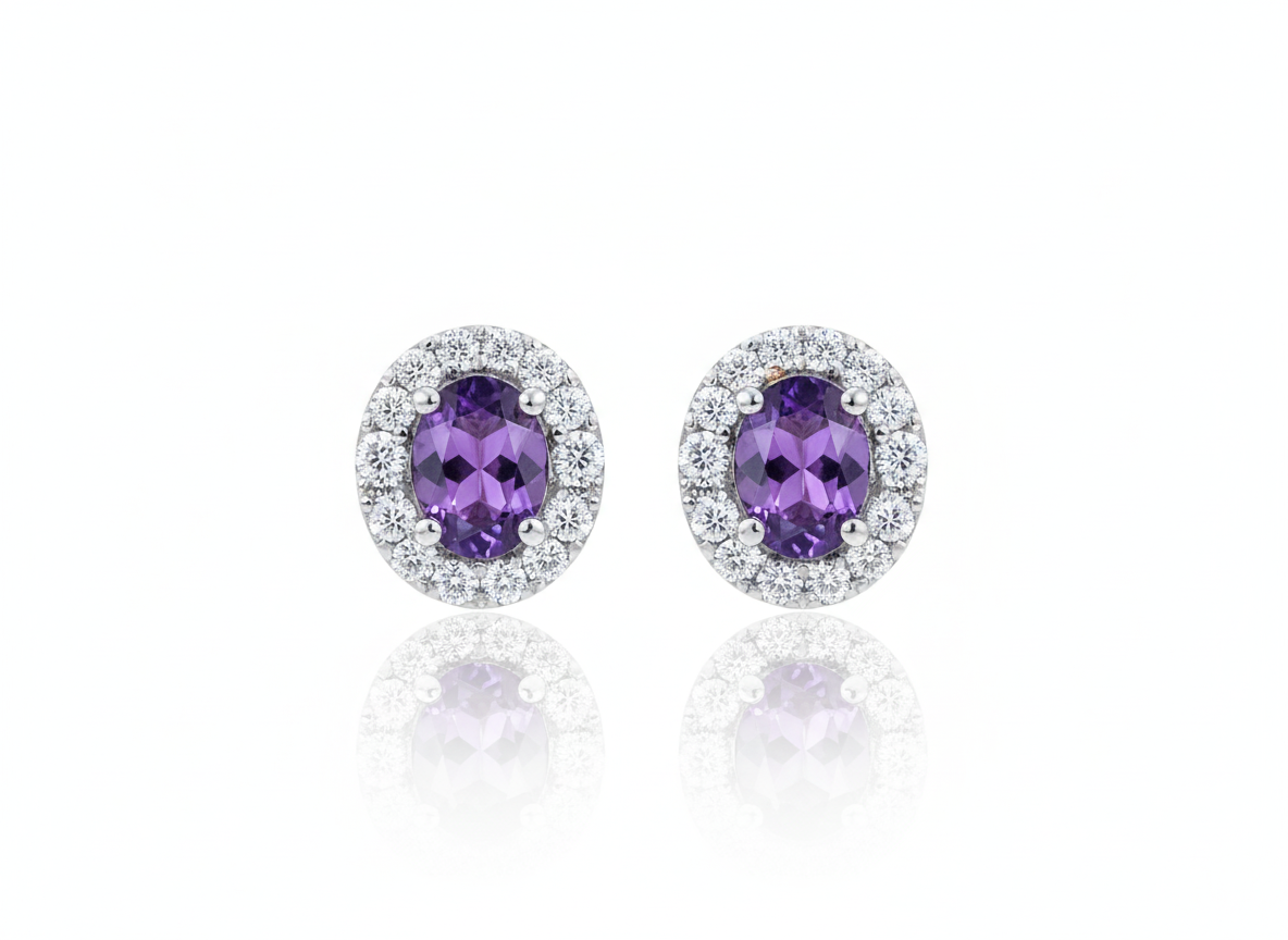 Oval Magenta Zirconia Earrings with White Zircons - Sterling Silver 925