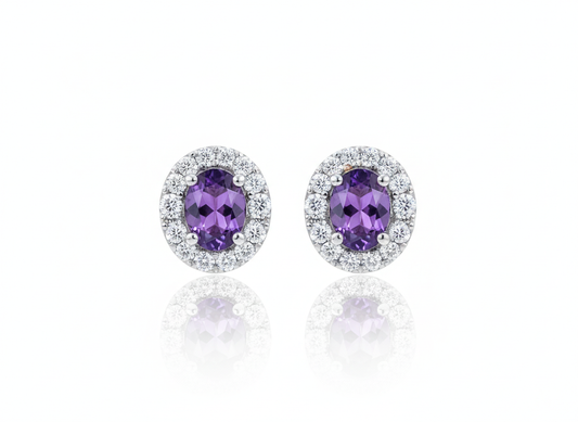 Oval Magenta Zirconia Earrings with White Zircons - Sterling Silver 925