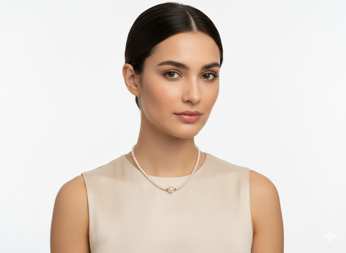 Freshwater Pearl Necklace – Adjustable 16-Inch Chain with Center Medium Pearl
