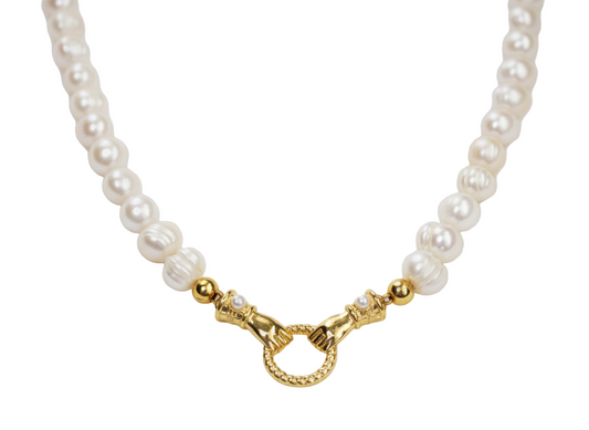 Freshwater Pearl Necklace with Hands Charm – 18K Gold Plated