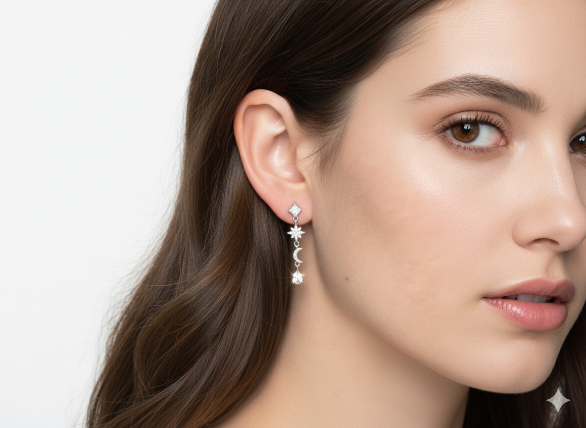 Longer Star & Noon Earrings with White Zircons - Sterling Silver 925