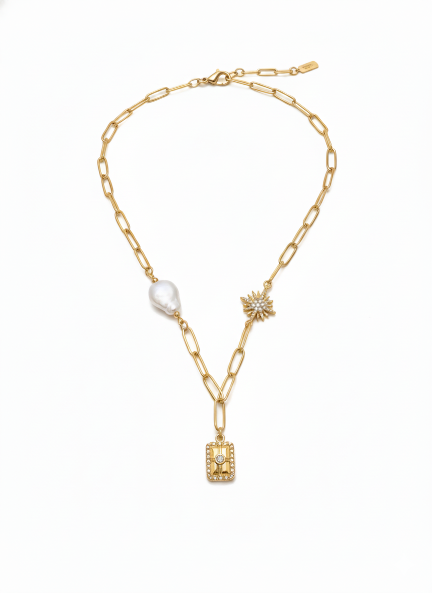 Pearl Sun & Star Necklace with Zircons | 18K Gold Plated