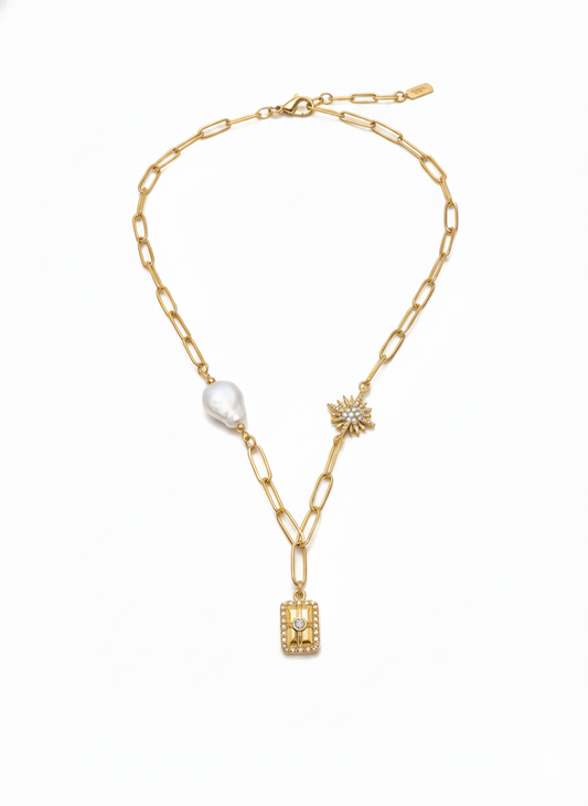 Pearl Sun & Star Necklace with Zircons | 18K Gold Plated