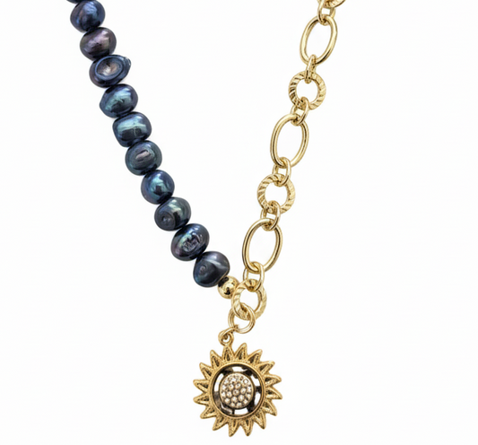 Dark Freshwater Pearl Necklace with Half Chain & Sun Pendant-18l Gold plated