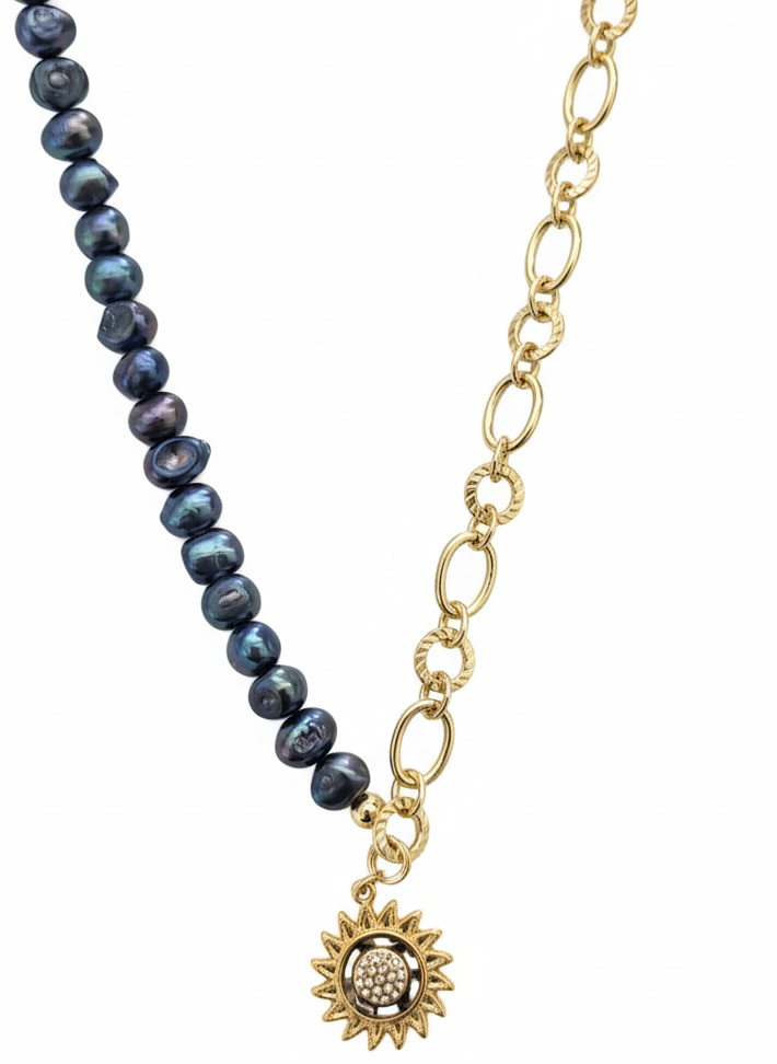Dark Freshwater Pearl Necklace with Half Chain & Sun Pendant-18l Gold plated