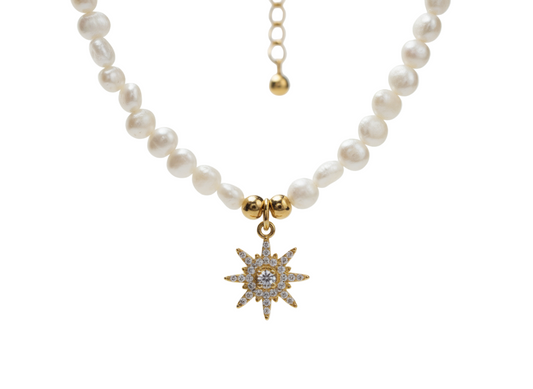 Freshwater Pearl and Star Pendant Necklace – 18K Gold Plated