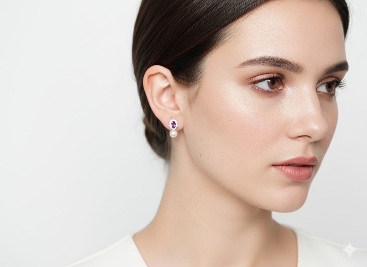 Elegant Purple Zircons and Pearls Earrings – Sterling Silver 925